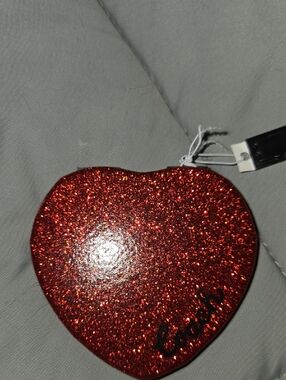 Coach Glitter Heart Compact Mirror (Style CF153) featuring a red glitter Outside